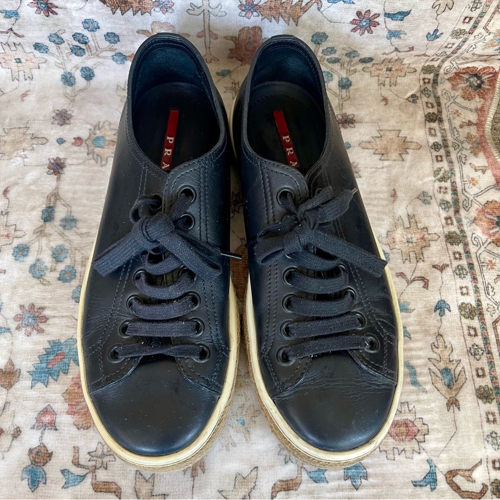 Prada Men's Leather Lace Up Espadrille Black Sneakers